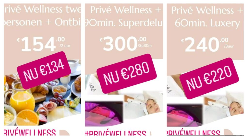 Drie wellness aanbiedingen met kortingen op privé wellness voor twee personen, inclusief ontbijt en behandelingen. Prijzen en nieuwe kortingsprijzen zijn zichtbaar.